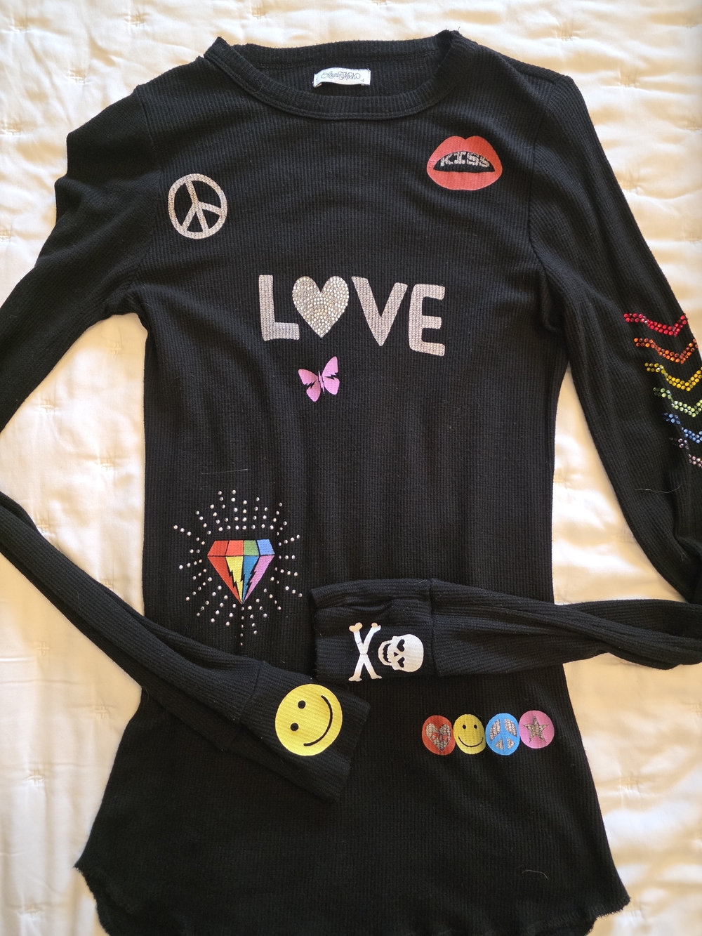 Lauren Moshi Black Long-Sleeve 'LOVE' Graphic Top with Colorful Patches